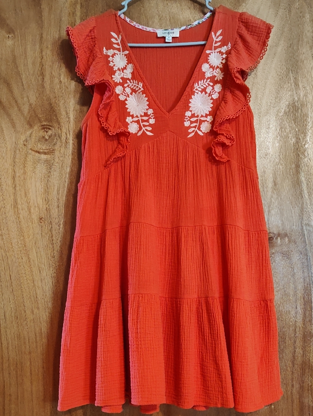 Umgee Boho Trapeze Dress Orange Flutter Sleeve Embroidered Floral 100% Cotton M